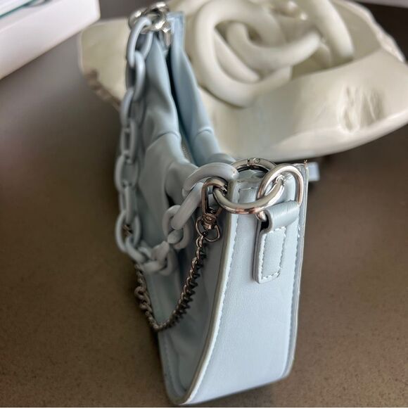 Light Blue Faux Leather Shoulder Bag with Chain Straps - Picture 4 of 8